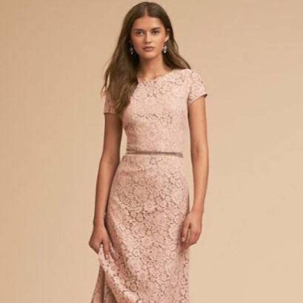 BHLDN Donna Morgan Blush Lace Floor Length Dress